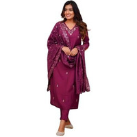 Shiv Textiles Embroidery Wine Kurta Trousers With Dupatta Striped Viscose Silk Blend Three-Quarter Sleeves Kurta Sets For Womens(Jd-Zarana-Wine-Xxl)