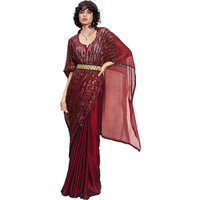 Womanista Women's Sequinns Embellished Crepe Kaftan Red Saree With Un-Stitched Blouse