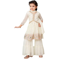 Aarika Girls Ethnic Wear Cream Colour Thread Sequin Embroidery Georgette Kurti Sharara Set (5-11 Years)