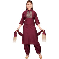 Aarika Girls Ethnic Wear Wine Colour Sequin Thread Embroidery With Gota Work Silk Kurti Patiala Set (9-16 Years)