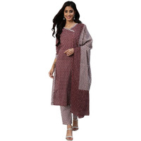 Anubhutee Women's Cotton Printed A-Line Kurta Suit Set With Dupatta & Pants Anu2111391_Xl_Maroon