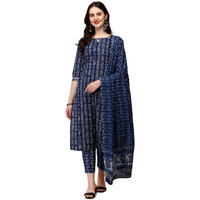 Fiorra Women's Blue Pure Cotton Straight Kurta With Pant And Dupatta Set0049-M