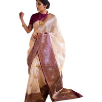 Flosive Women's Saree White & Wine Soft Kanjivaram Silk Saree With Weaving Work