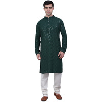 Jompers Men Cotton Green Chikankari Embroidered And Sequence Kurta With Churidar (Olive, Xl)