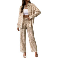 Gufrina Women's Beige And White Leaf Print Co-Ord Set, Long Sleeve Shirt And Wide Leg Pants (Beige Xl)