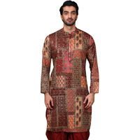 Kisah Men Maroon Kurta, Cotton, Full Sleaves, Knee Length, Straight, Regular Fit, Mandarin Collar Ethnic Wear-38