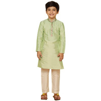 Kisah Kid's Full Sleeves Cotton Blend Knee Length Embroidered Kurta Pajama Set For Boys, Green, 11-12 Years