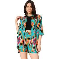 Kzully Rayon | Co-Ord Set With Two-Piece Dress, Top, Shorts | Floral Casual Co-Ordination | Full Pair Set | Fancy Full Pair Set | Long Sleeve Shirt And Shorts | Co-Ord Sets For Women, Green
