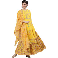 Ishin Women's Rayon Yellow Embroidered Straight Kurta Set With Skirt And Dupatta