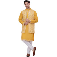 Jompers Men's Mustard Embroidered Waistcoat And Kurta Pyjama. (Mustard, L)