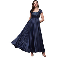 Miss Chase Women's Navy Blue Square Neck Short Sleeve Embellished Polyester Fit & Flare Maxi Dress (Mcss23D06-60-71-03, Navy Blue, S)