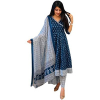 Pinkmint Women Printed Angarakha Kurta And Pant Set With Dupatta Ll Wedding Suit Set Ll Gift Kurta Set Navy Blue