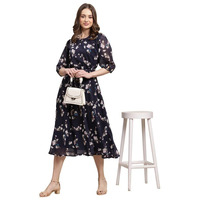 Preneum Women's Maxi Fit & Flare Latest Style Print Georgette Regular Sleeves Casual Summer Maxi Dress || Festival & Occasion, Dark Blue, L