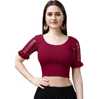 Pujia Mills Women's Lycra Stretchable Readymade Saree Blouse (Teen Patti_Maroon_38)