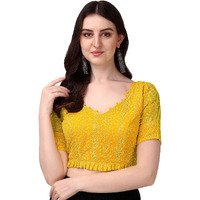 Pujia Mills Women's Blouse Georgett Lucknowi Embroidery Puff Sleeve Tie Up Blouse (Lucknowi Tie) (Mustard, 38)