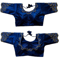 Pujia Mills Women's Silk Embroidery Sequence Work Half Sleeve Readymade Blouse (Navy Blue, 36)