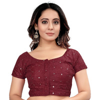 Pujia Mills Women's Silk Foil Mirror Short Sleeve Readymade Fancy Blouse(Foil Mirror Maroon_38)