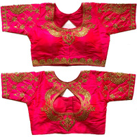 Pujia Mills Women's Multicolor Water Drop Back Neck Peacock Embroidery Stone Work Half Sleeves Design Phantom Silk Readymade Saree Blouse (Murari Blous_Rani_38 +Margin)