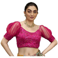 Pujia Mills Womens Net Fabrics Round Neck Puff Sleeve Blouse (Pink, 32)