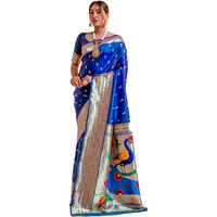 Pujia Mills Woman Pure Banarasi Silk Paithani Saree Indian Ethnic Wear Kanjivaram Saree With Heavy Golden Zari Woven Border With Unique Peacock Designe Rich Pallu Saree Blue Wedding Saree 2025