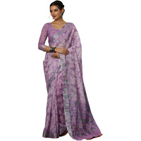 Satrani Women's Cotton Blend Floral Printed Weaving Border Saree With Unstitched Blouse Piece (4122S144N_Lavender)