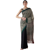 Satrani Women's Silk Crepe Ajrakh Print Saree With Unstitched Blouse Piece (4057S643N_Black & Dark Green & Multi)
