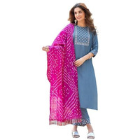 Sanisa Women's Chinnon Embroidery Work Straight Kurta With Pant And Dupatta Set (71Kbd801Nr-L_Dusty Blue)