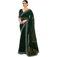 Satrani Women's Georgette Stone Work Saree With Unstitched Blouse Piece (4085S192N_Dark Green2)