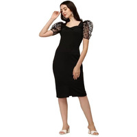 Selvia Women's Knitted & Dyed Puff Sleeve Lycra Sweetheart Neck Bodycon Dress (492Tk10719N-Xl_Black)