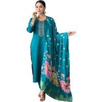 Shiv Textiles Embroidery Rama Kurta Trousers With Dupatta Striped Viscose Silk Blend Three-Quarter Sleeves Kurta Sets For Womens(Jd-Sofia-Rama-Xl)