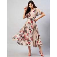 Smowkly Women's Georgette Floral Printed Indo-Western Ethnic Gown || Half Sleeve V Neck Fit & Flare Flared Hem Design || Casual Wear A-Line Maxi Dress (1327_Bg_L) Beige