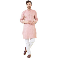See Designs Men Long Sleeve Side Slit Mandarin Collar Pink Ethnic Motifs Silk Jacquard Woven Design Straight Kurta - Bnrskt721Xxl