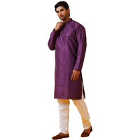 Sojanya (Since 1958 Men's Silk Bend Krochet Thread Embroidered Violet Kurta With White Pyjama
