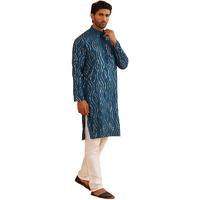 Sojanya (Since 1958 Men's Embroidered Sequinned Cotton Teal Blue Kurta With Churidar Pyjama Set