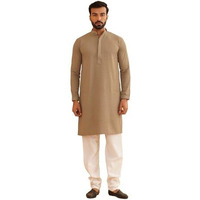 Sojanya (Since 1958 Men's Cotton Embroidered Thread Work Brown Kurta With White Churidar Pyjama