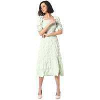 Campus Sutra Women's Creased Midi Dress For Casual Wear | Puff Sleeve | Midi Length | Pull On Closure | Dress Crafted With Comfort Fit For Everyday Wear