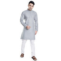 Divisive Men's Plain Cotton Blend Linen Slim Fit Kurta Pyjama Set (Dkrt71_L_Lt Grey)