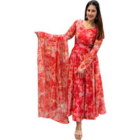 Fashion Basket Floral Organza Gown Bottom And Dupatta Set. (Medium) Red