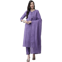 Ishin Women's Pure Cotton Embroidered A-Line Kurta Suit Set With Dupatta & Pants Kpldmvel-19061_L_Purple