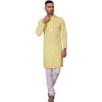 Jompers Men's Lemon Embroidered Cotton Kurta With Churidar (Lemon, M)