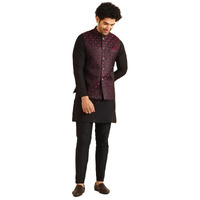 Kisah Men's Kurta Jacket Trouser Set, Burgundy Jacquard, Woven Design Regular Fit Mandarin Collar Long Sleeves (38)