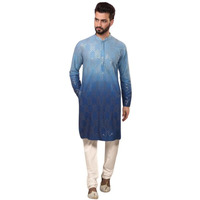 Kisah Men's Kurta Churidar Set, Navy Blue Pure Cotton, Solid Regular Fit Mandarin Collar Long Sleeves (L)