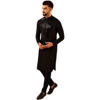 Kisah Men's Kurta, Black Cotton, Embellished Regular Fit Long Sleeves Mandarin Collar (L)