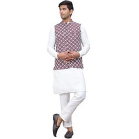 Jompers Men's Purple Embroidered Nehru Jacket With Solid Kurta Pyjama Set. (Purple, M)