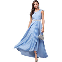 Miss Chase Women's V-Neck Ruffled Sleeve Solid Embellished Maxi Dress With Pockets (Mcss24D97-18-167-05, Powder Blue, L)