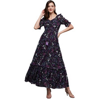 Miss Chase Women's Sweetheart Neck Puffed Sleeve Floral Ruching Georgette Maxi Dress With Pockets (Mcaw21D06-35-171-03, Multicolored-Base-Black, S)