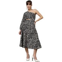 Oomph! Women's Western & Fusion Wear Printed Crepe Dress For Women, One Shoulder, Black - Md1064