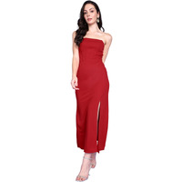 Popwings Casual Solid Sleeveless Slit Long Corset Dress For Women || Latest Stylish Western Summer Dresses For Women || Sleeveless Trendy Off-Shoulder Women Dresses For Parties Red