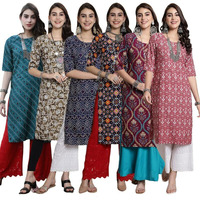 Pinkmint Women's Crepe Kurti Round Neck Straight Kurti For Women Comfortable Kurti Regular Wear Kurti For Women's (Pack Of 6)