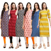 Pinkmint Women's Crepe Digital Print Straight Kurta Pack Of 6 [Cr-369-337-341-368-353-329-L]